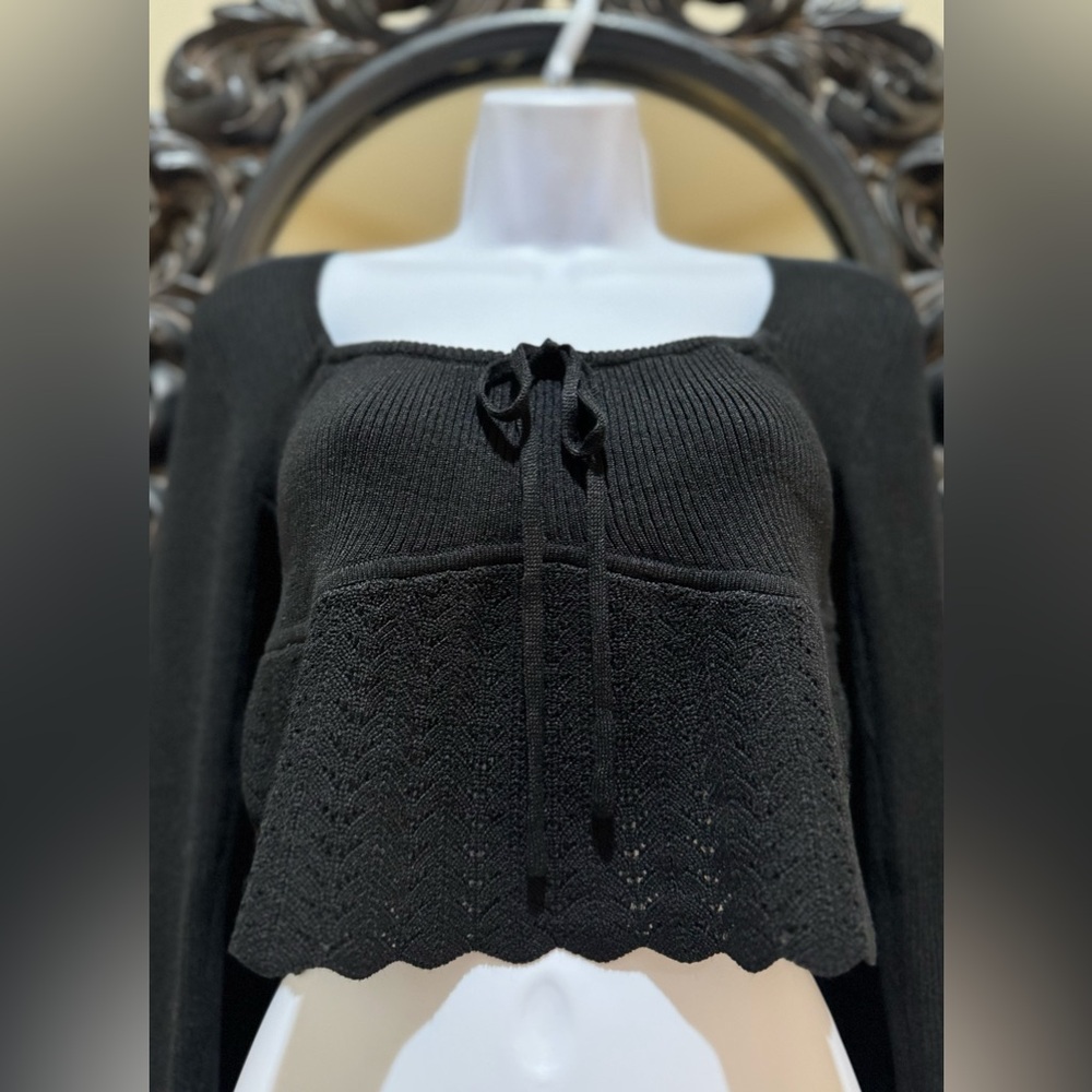 Aster Black Cropped Square Neck Drawstring Sweater - image 3